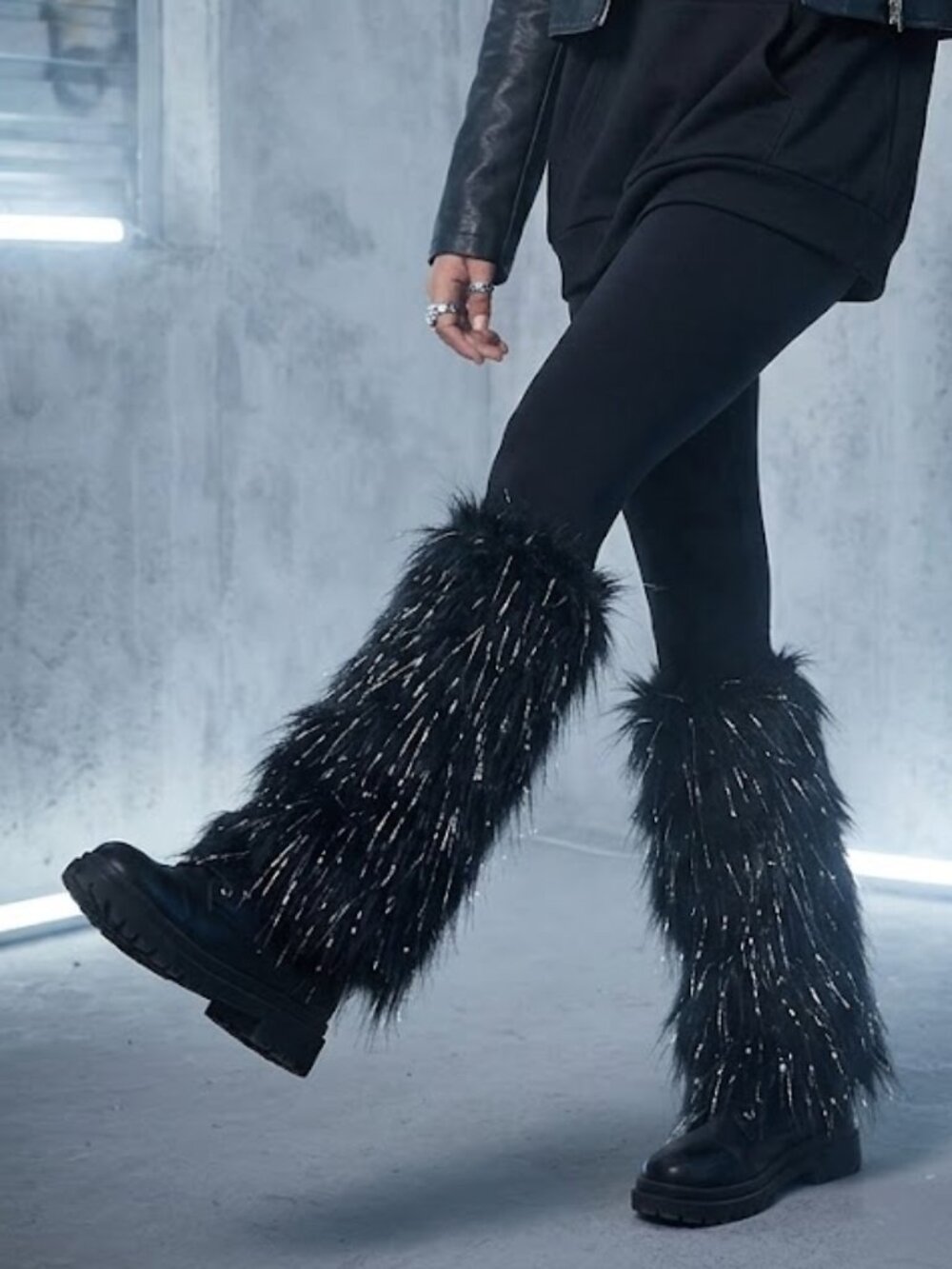 Black Faux Fur Boot Cuffs with Silver Sparkle